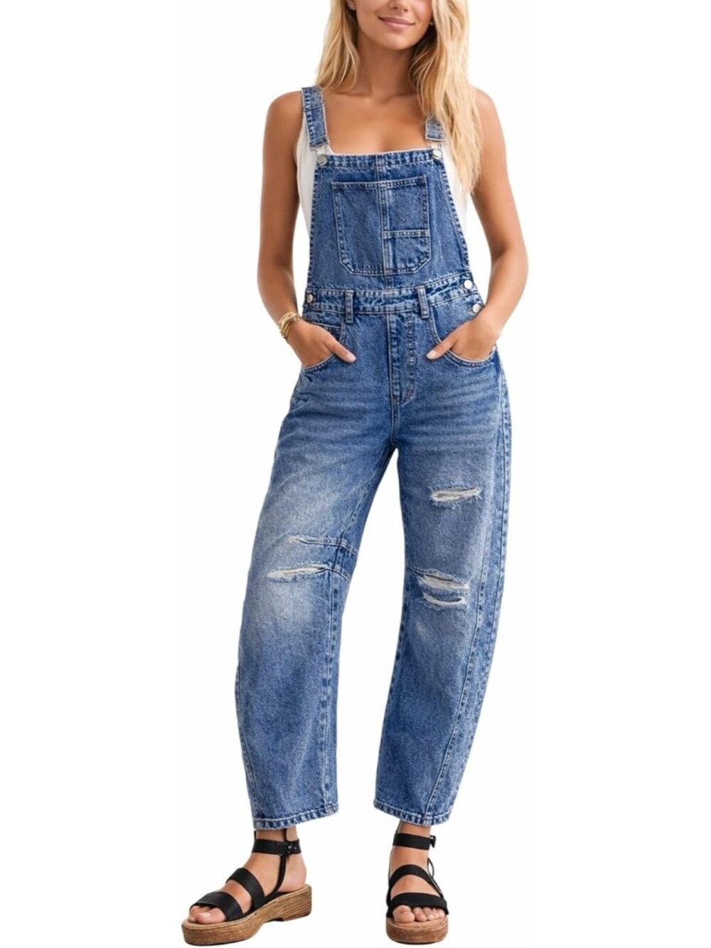 Women's Blue Denim Bib Overalls Barrel Leg Adjustable Strap Jean Y2k  Jumpsuits
